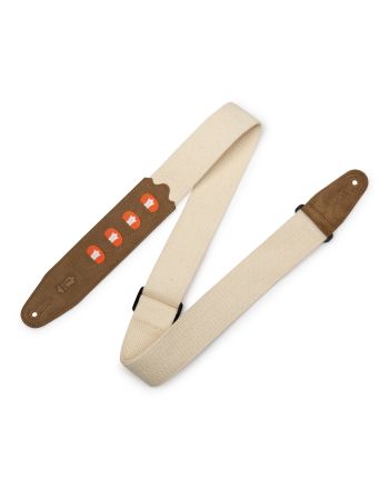 Diržas gitarai Levy's 2" Natural Cotton Pick Holder strap with extended Natural Suede ends that hold 4 Picks. Adjusts from 37" to 59"