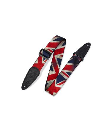 Diržas gitarai Levy's 2" Polyester Guitar Strap With Sublimation Printed Distressed Flag Design, Genuine Leather Ends And Tri-glide Adjustment. Adjustable To 65"